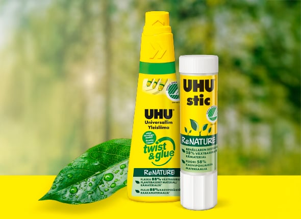 UHU ReNATURE Twist&Glue -yleisliima ja UHU stic -liimapuikko – ekologiset, Joutsenmerkityt liimat kouluille, toimistoihin ja askarteluun.