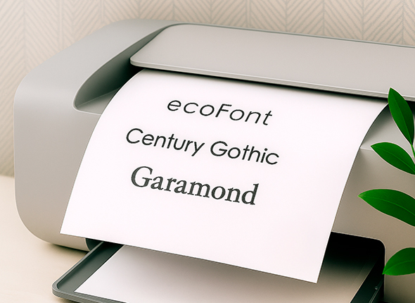 Tulostin tulostaa paperia, jossa esitellään kolme mustetta säästävää fonttia: EcoFont, Century Gothic ja Garamond. Paperi on tulossa ulos vaaleanharmaasta tulostimesta, taustalla hillitty tapetti ja kuvan reunassa viherkasvin lehtiä. Tulostin tulostaa paperia, jossa esitellään kolme mustetta säästävää fonttia: EcoFont, Century Gothic ja Garamond. Paperi on tulossa ulos vaaleanharmaasta tulostimesta, taustalla hillitty tapetti ja kuvan reunassa viherkasvin lehtiä.